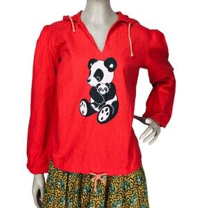 Vintage 90s Y2K Puff Sleeve Pullover Red Panda Hooded Shirred Drawstring Top NEW